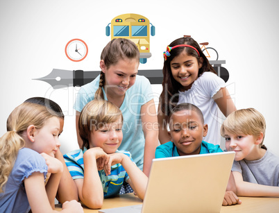 Composite image of cute pupils using tablet computer in library