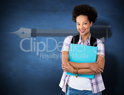 Composite image of casual young woman with folder in office