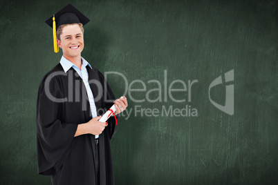 Composite image of a smiling man looking at the camera as he gra