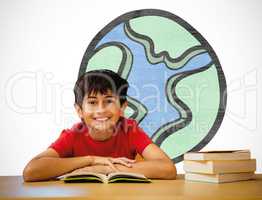 Composite image of cute boy reading book in library