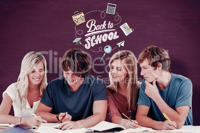 Composite image of four students sitting together and trying to