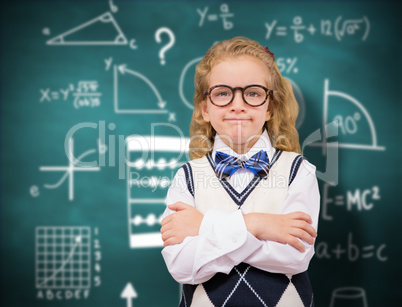 Composite image of cute pupil with arms crossed