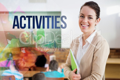 Activities against pretty teacher smiling at camera at back of c