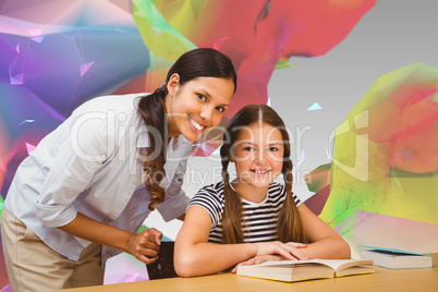 Composite image of female teacher and little girl in library