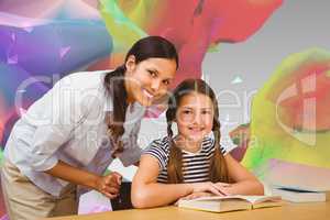 Composite image of female teacher and little girl in library
