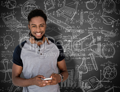 Composite image of young casual man text messaging