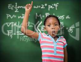 Composite image of portrait of cute schoolgirl with hand raised