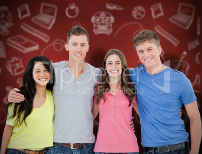 Composite image of four friends smiling and embracing each other