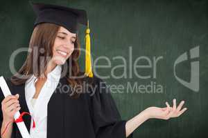 Composite image of a smiling woman with a degree as she opens ou