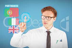 Composite image of geeky businessman smiling and pointing