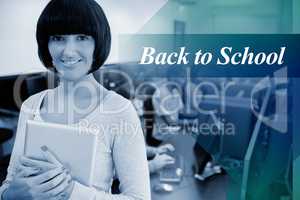 Back to school against teacher with tablet pc