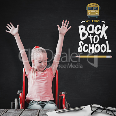 Composite image of cute disabled pupil smiling in hall