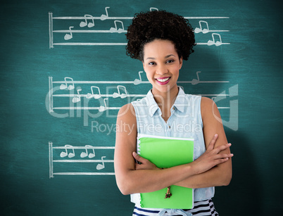 Composite image of portrait of smiling young woman with file