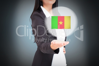 Composite image of pretty businesswoman presenting with hand