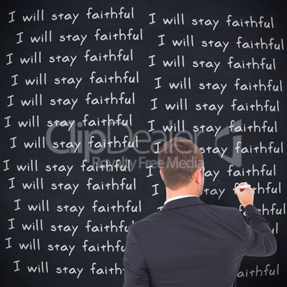 Composite image of business man writing with chalk