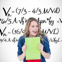 Composite image of smiling student holding notebook