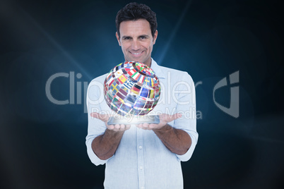 Composite image of portrait of smiling man showing tablet comput