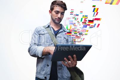 Composite image of student using tablet in library