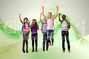 Composite image of school kids running in school corridor