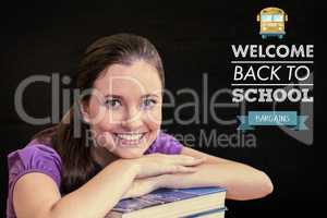 Composite image of portrait of female student in library