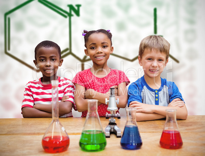 Composite image of cute pupils standing with arms crossed behind