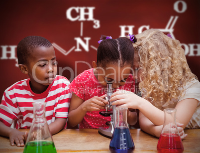 Composite image of cute pupil looking through microscope