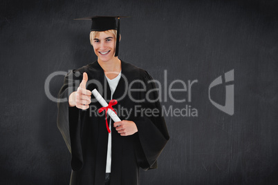 Composite image of happy teen guy celebrating graduation