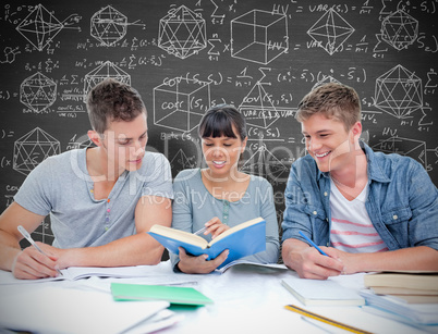 Composite image of two students getting help from a female stude