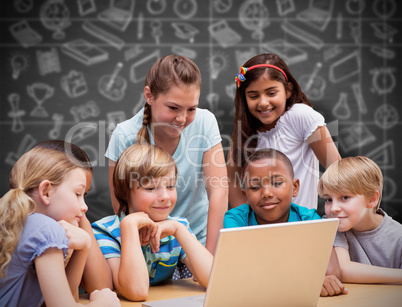 Composite image of cute pupils using tablet computer in library