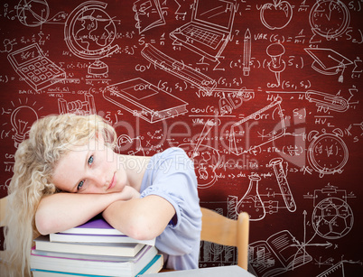 Composite image of tired teeenager sleeping in a library