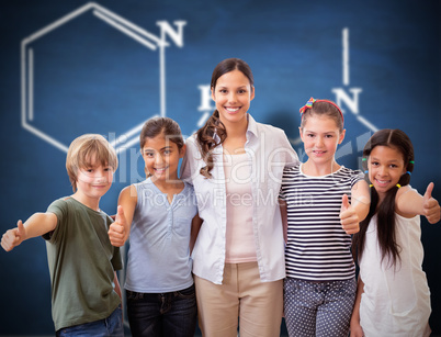 Composite image of cute pupils and teacher smiling at camera in