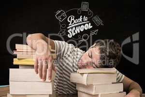 Composite image of student asleep in the library
