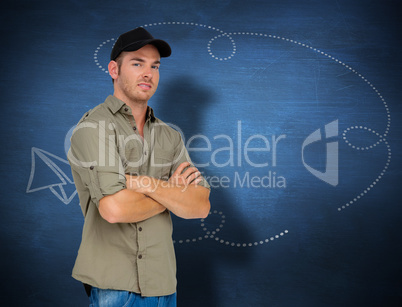 Composite image of man smiling and wearing baseball hat