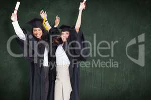 Composite image of full length of two women celebrating in the a