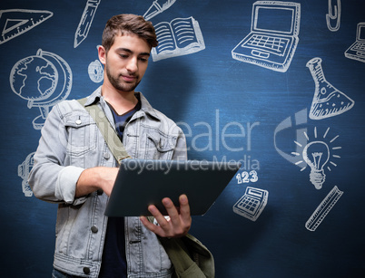 Composite image of student using tablet in library