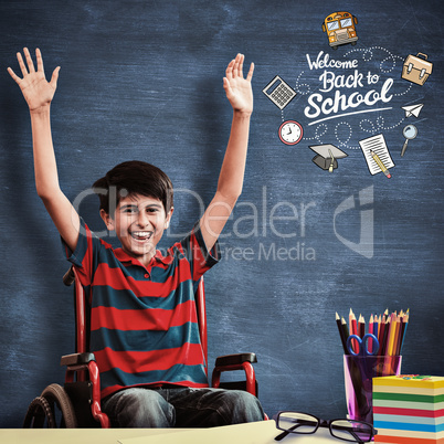 Composite image of boy in wheelchair in school corridor