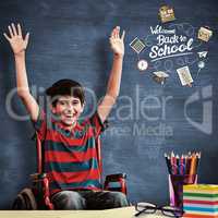 Composite image of boy in wheelchair in school corridor