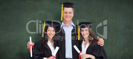 Composite image of three friends graduate from college together