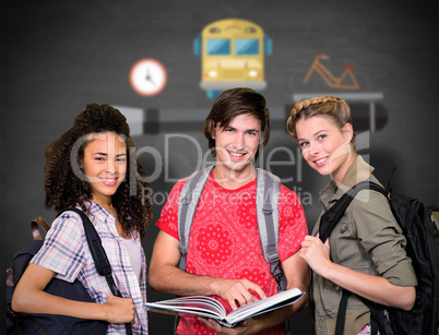 Composite image of college students reading book in library