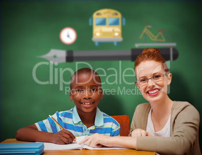 Composite image of happy pupil and teacher