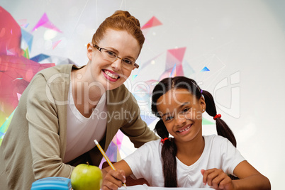 Composite image of happy pupil and teacher