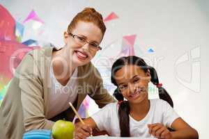 Composite image of happy pupil and teacher