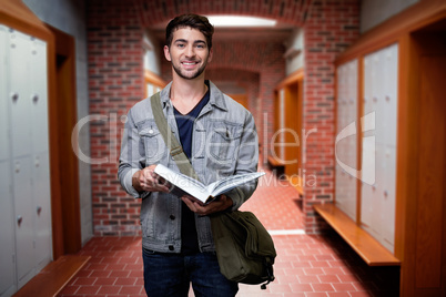 Composite image of student smiling at camera in library