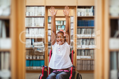 Composite image of girl in wheelchair in school corridor