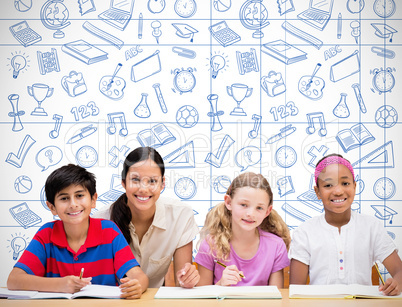 Composite image of pretty teacher helping pupils in library