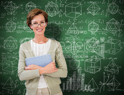 Composite image of teacher holding tablet pc at library