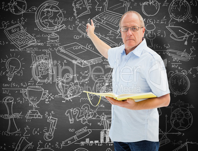 Composite image of teacher holding book and pointing