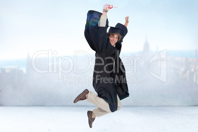 Composite image of happy male student in graduate robe jumping