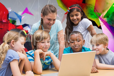 Composite image of cute pupils using tablet computer in library