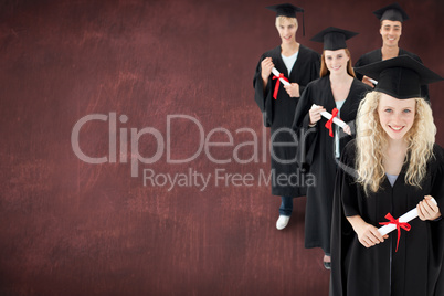 Composite image of smiling group of teenagers celebrating after